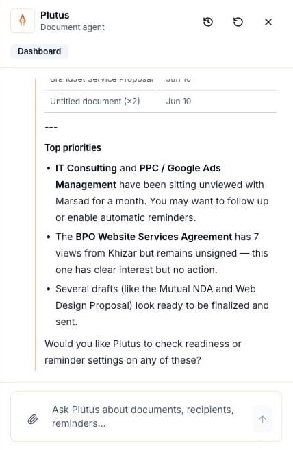 Plutus document agent open with document priorities and a chat input